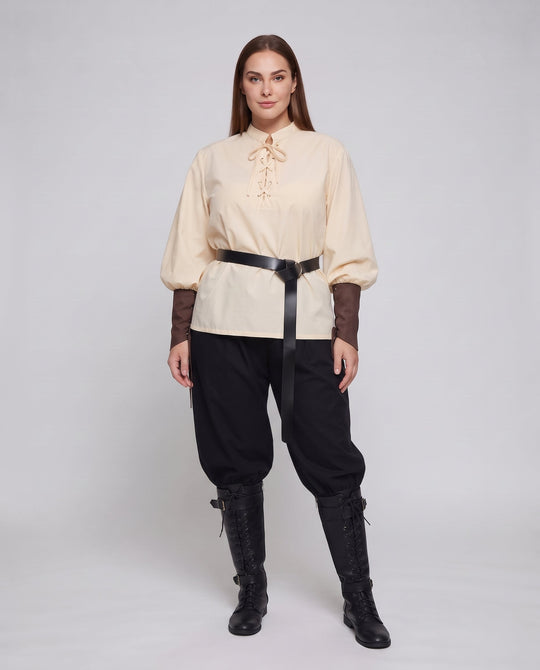Damenhistorisches Kostümset mit eleganter geflochtener Bluse und weiten Hosen Shop Nory