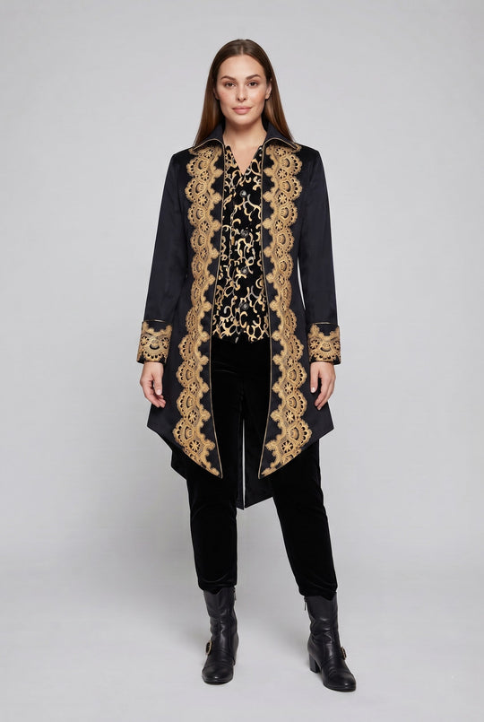 Damen elegante Frack mit feiner goldener Stickerei und asymmetrischem Saum Shop Nory