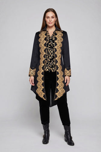 Damen elegante Frack mit feiner goldener Stickerei und asymmetrischem Saum Shop Nory