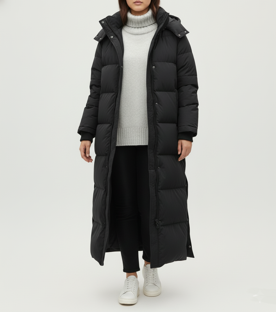 Damen Steppjacke Maxi Extra Lang mit Kapuze