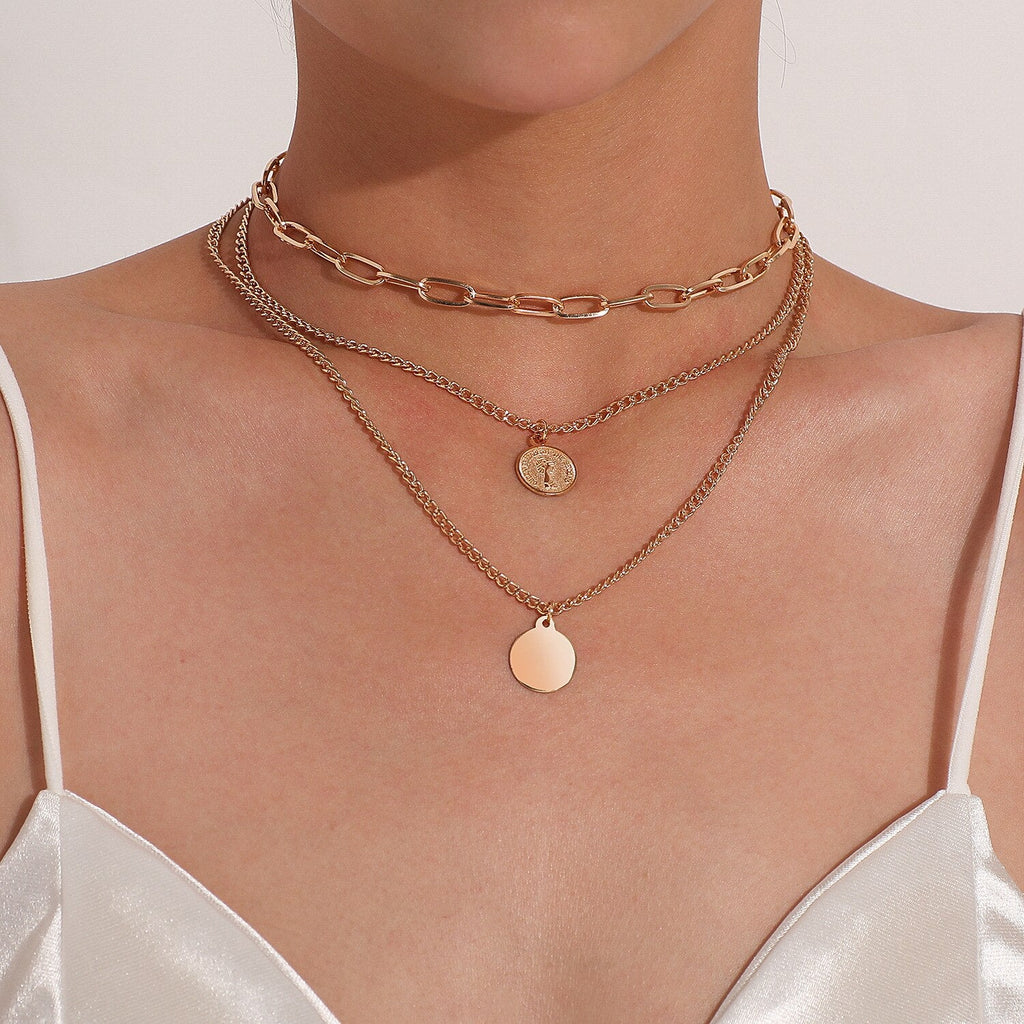 Damen 18K vergoldete Münzbuchstaben Anhänger 3-stufige verlinkte Kettenhalskette | Shop Nory