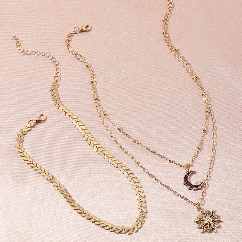 Damen Triple Layer Gold Zirkon Halb Kristall Mond Sonne Anhänger Halsketten Set | Shop Nory