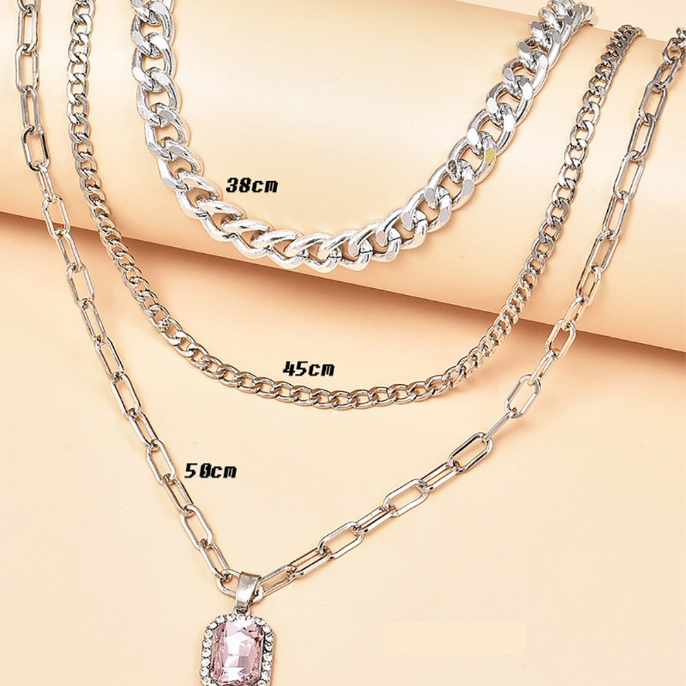 Damen Silber 3Tier Multi Layer Kreis Verbindung Rechteckige Kristall Anhänger Halskette | Shop Nory