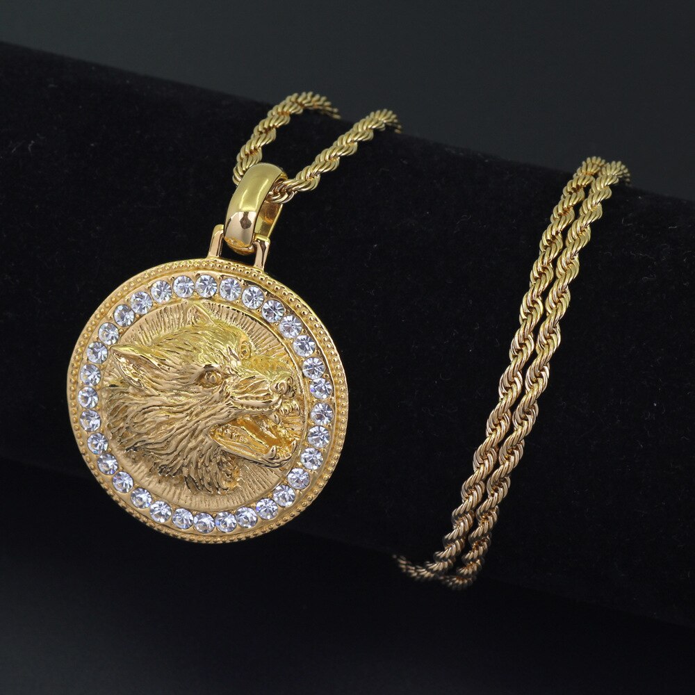 Mann Unisex Gold Brüllender Wolf Kopf Kristalle Solide Anhänger Flechtkette Halskette | Shop Nory