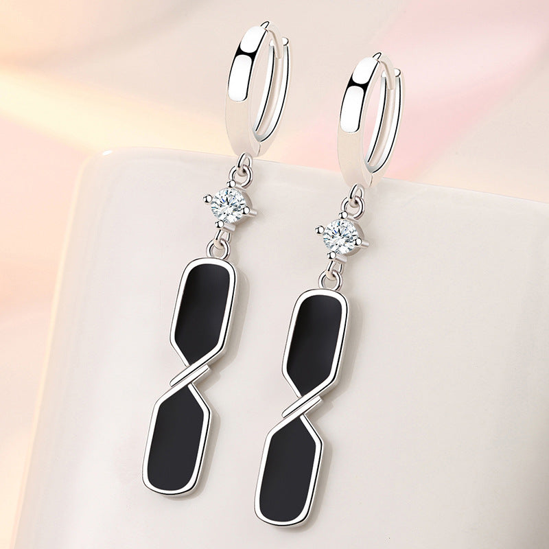 Damen Schwarze Emaille Quadrat Echt 925 Sterling Silber Kristall Tropfen Ohrringe | Shop Nory