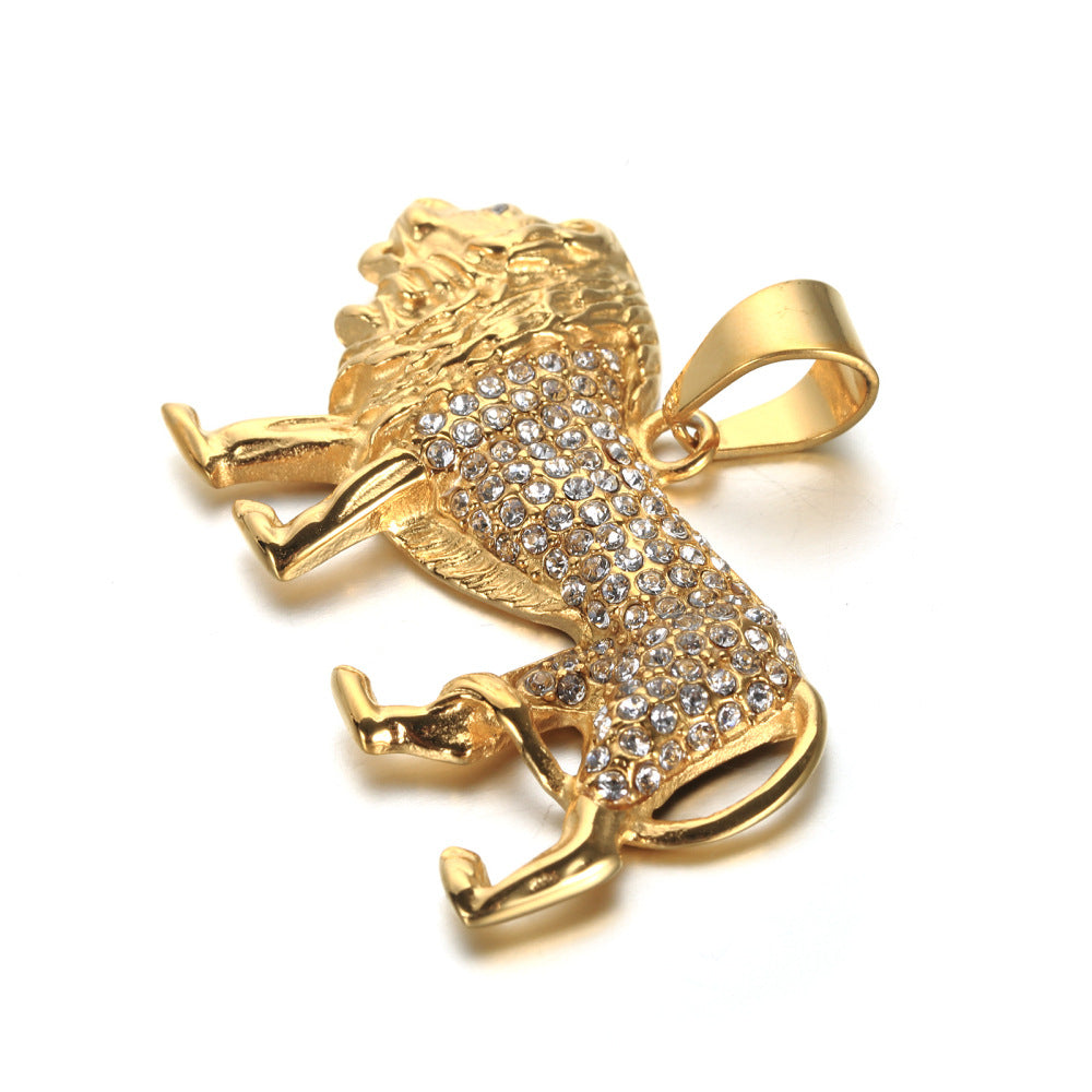 Herren Damen Gold Solid Strass Eingelassene Löwe Anhänger Zopf Link Kettenhalskette | Shop Nory