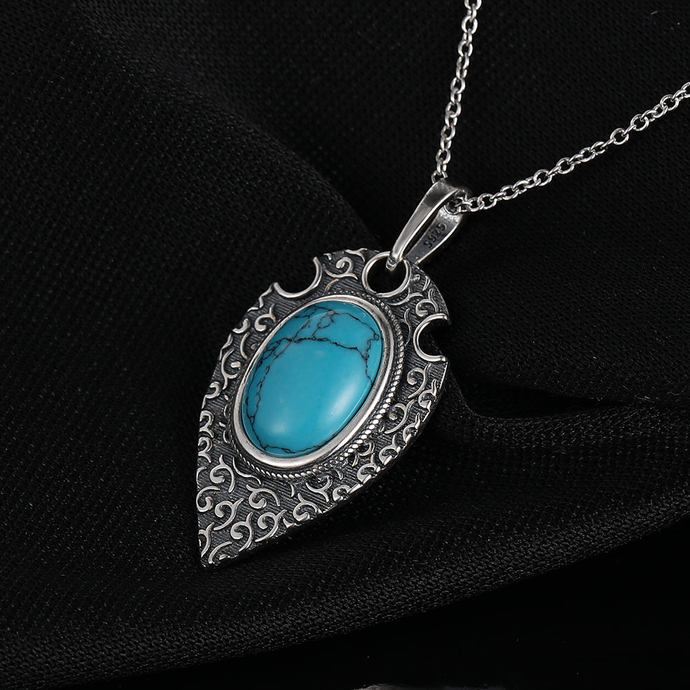 Damen 925 Silber Retro Oval Türkis Edelstein Anhänger Link-Kette Halskette | Shop Nory