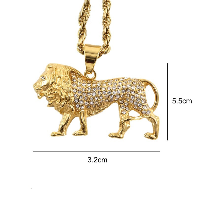 Herren Damen Gold Solid Strass Eingelassene Löwe Anhänger Zopf Link Kettenhalskette | Shop Nory