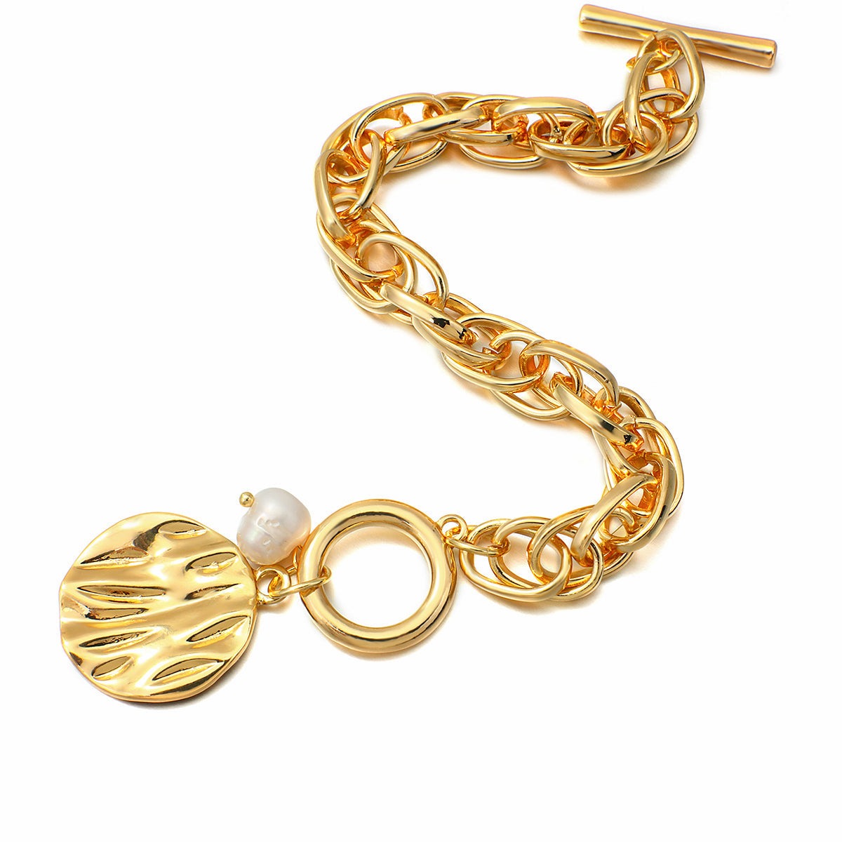 Damen Gold Chunky InterLink Kleine Perlen Kreis Charms Toggle Verschluss Armbänder | Shop Nory