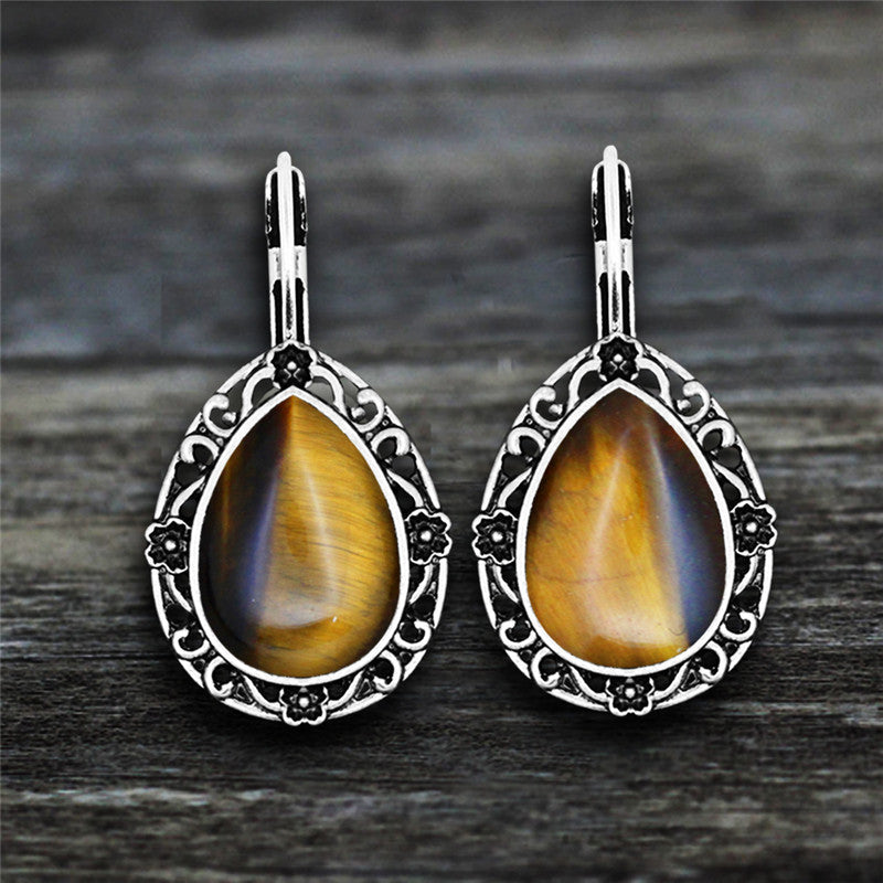Damen Silber Ethnisch Natürlich Tigerauge Edelstein Handmade Tropfen Haken Ohrringe | Shop Nory