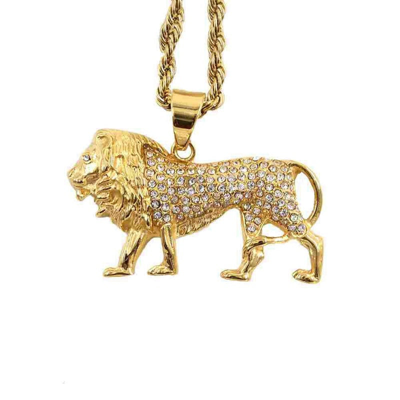 Herren Damen Gold Solid Strass Eingelassene Löwe Anhänger Zopf Link Kettenhalskette | Shop Nory