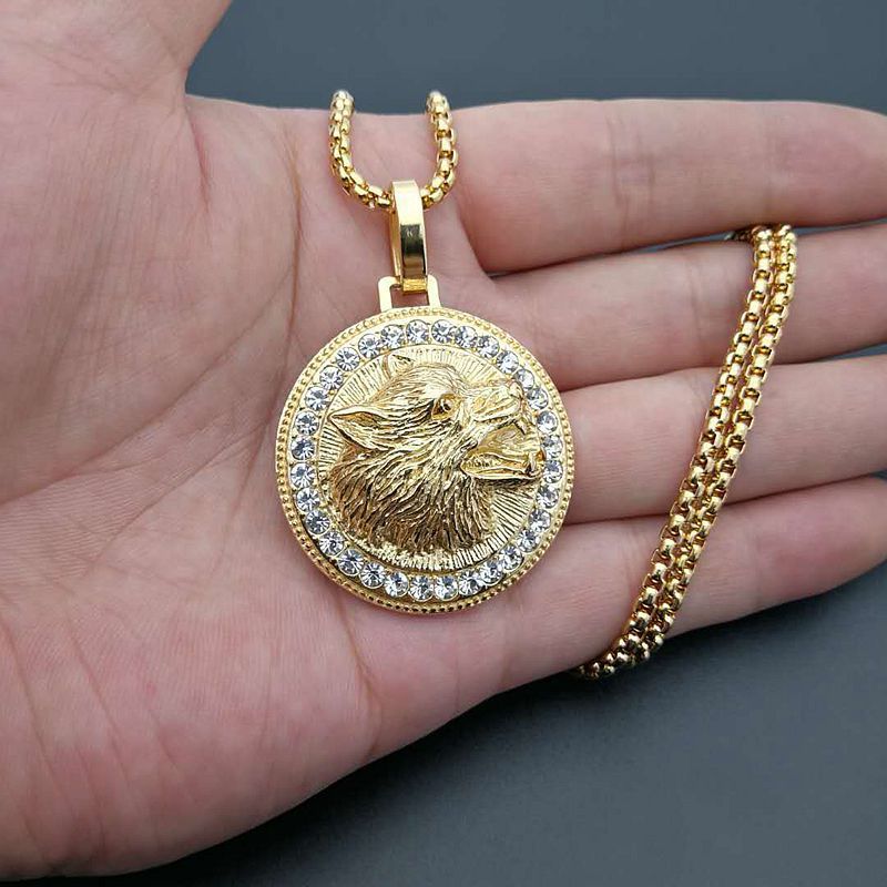 Mann Unisex Gold Brüllender Wolf Kopf Kristalle Solide Anhänger Flechtkette Halskette | Shop Nory