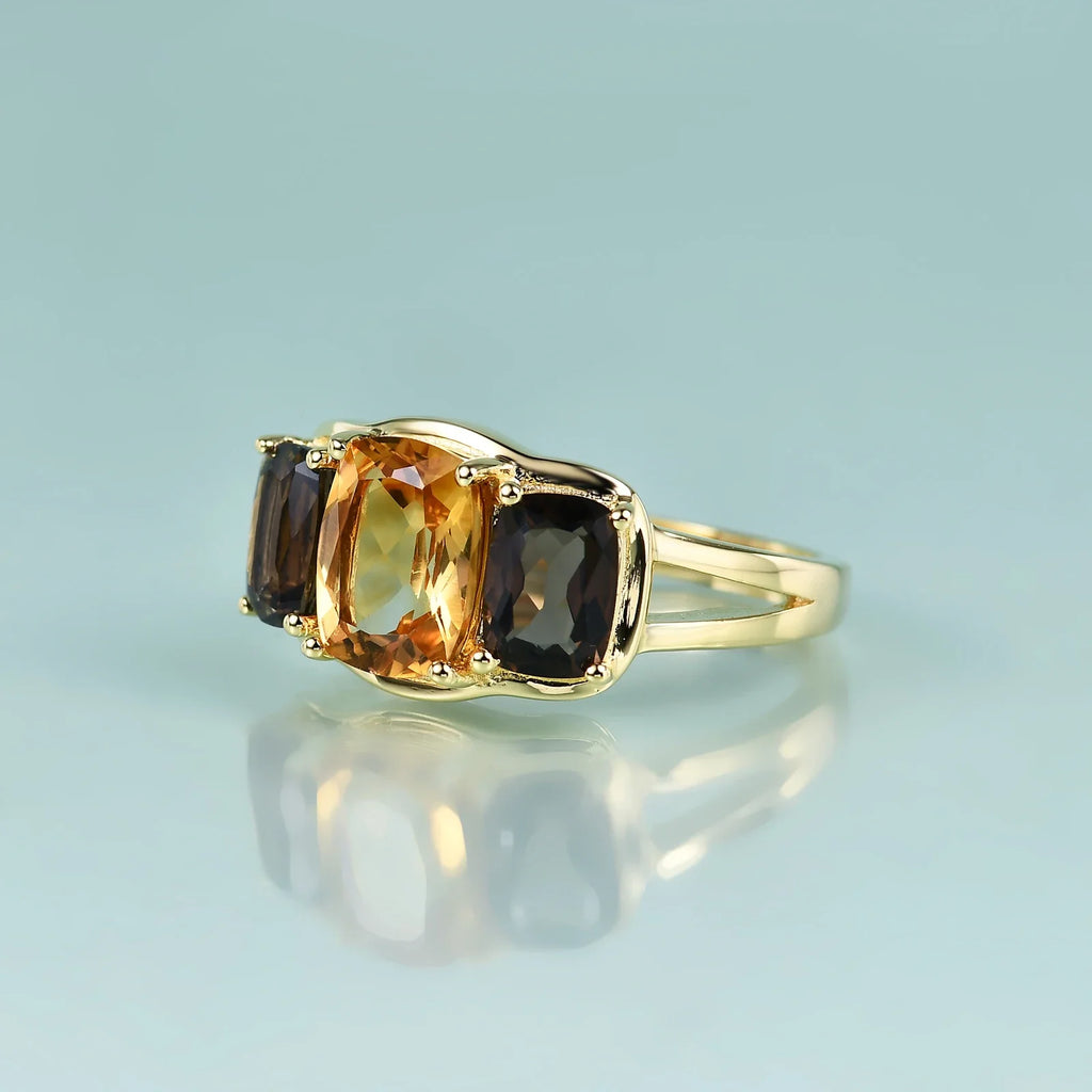 Citrin-Steinring, drei Steinringe mit echten natürlichen und großen Citrin-Edelsteinen, verstellbarer Ring | Shop Nory