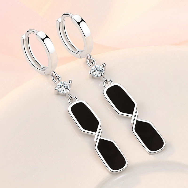 Damen Schwarze Emaille Quadrat Echt 925 Sterling Silber Kristall Tropfen Ohrringe | Shop Nory