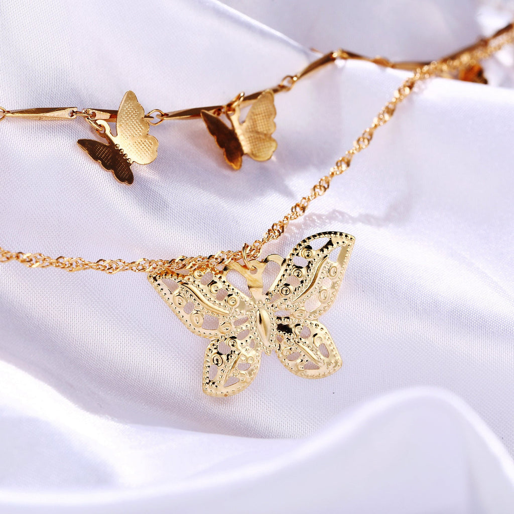 Goldene Schmetterlings-Anhänger Mehrschichtige Choker CutOut Schmetterlings-Pendelkette | Shop Nory