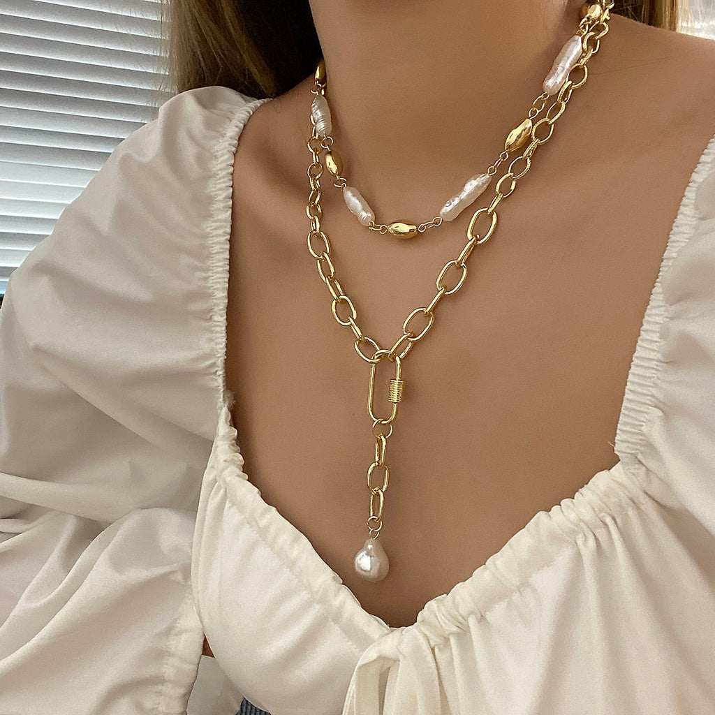 Damen Gold Perle Chunky Barock Unregelmäßiger Metall Toggleverschluss 2-Tier Halskette | Shop Nory