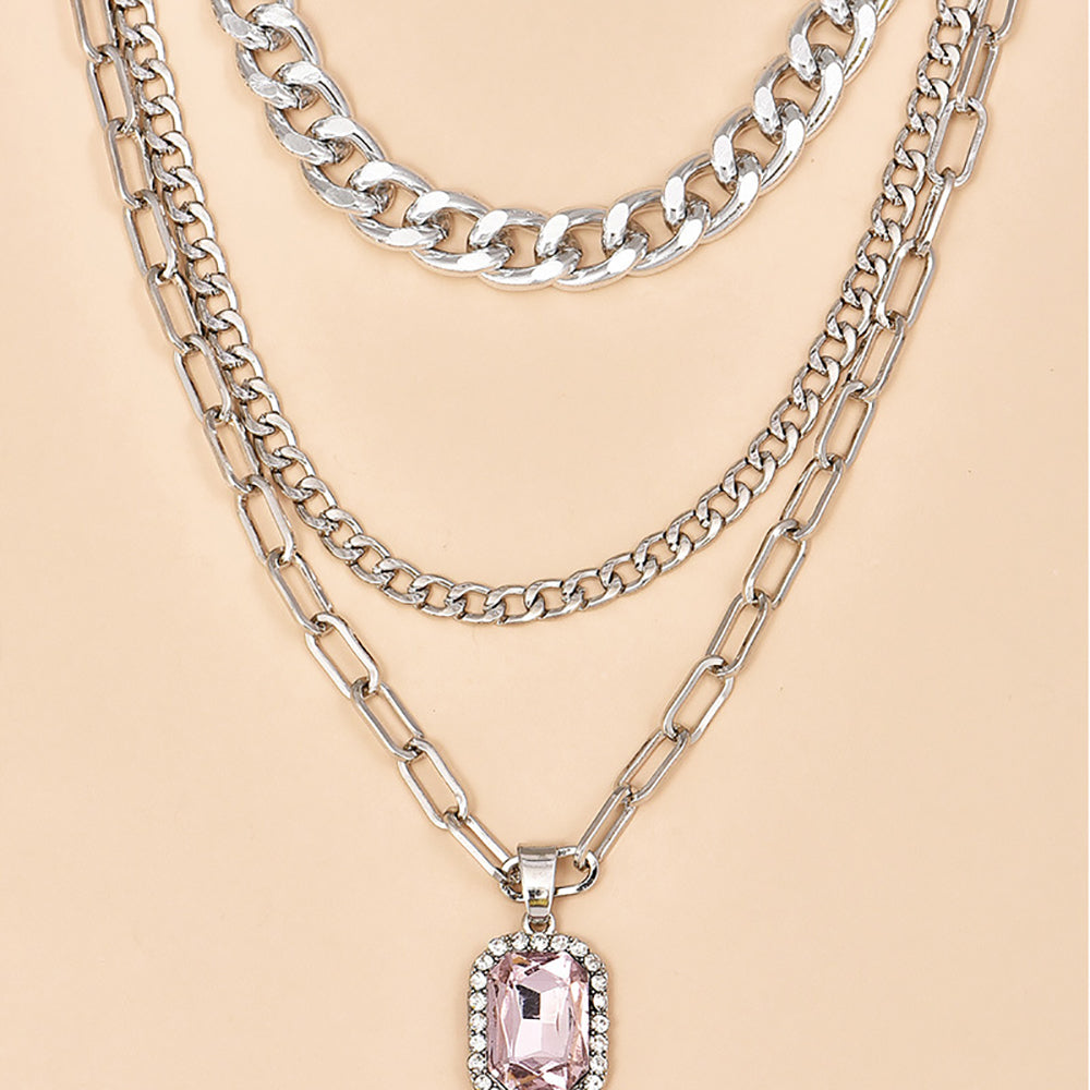 Damen Silber 3Tier Multi Layer Kreis Verbindung Rechteckige Kristall Anhänger Halskette | Shop Nory