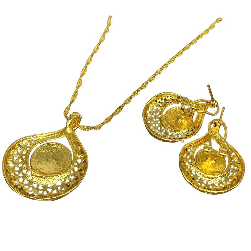 Damen Gold Rund Überlappung Kreuz Ausgeschnitten Kristall Anhänger & Ohrringe Halskette Set | Shop Nory
