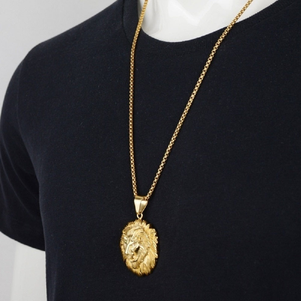 Unisex vergoldetes haariges Löwenkopf Medusa-Anhänger & Kette | Shop Nory