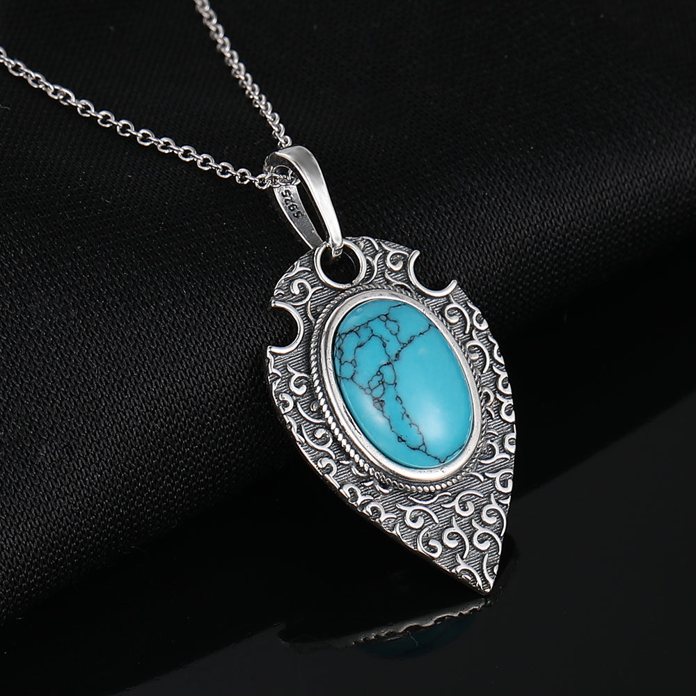 Damen 925 Silber Retro Oval Türkis Edelstein Anhänger Link-Kette Halskette | Shop Nory