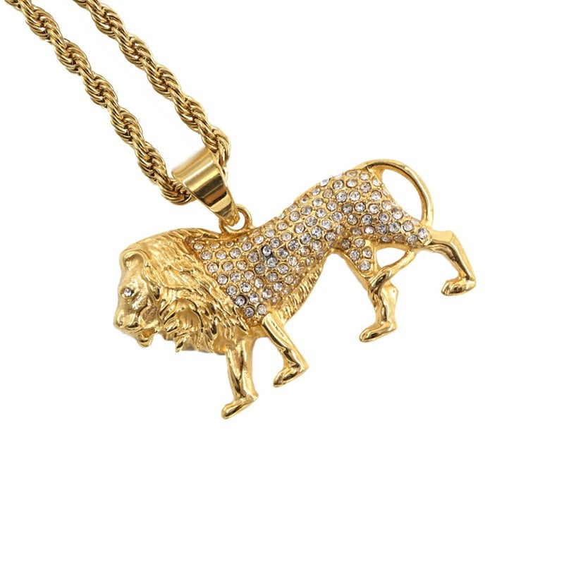Herren Damen Gold Solid Strass Eingelassene Löwe Anhänger Zopf Link Kettenhalskette | Shop Nory