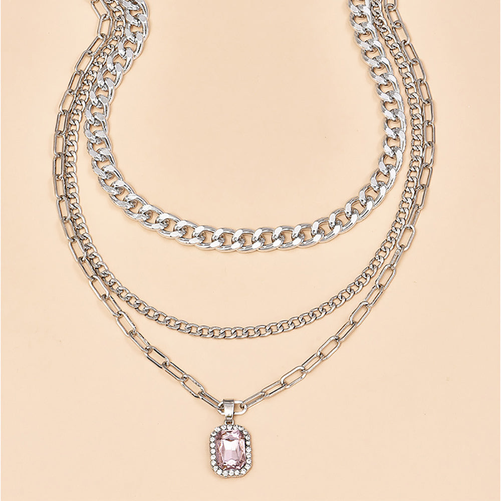 Damen Silber 3Tier Multi Layer Kreis Verbindung Rechteckige Kristall Anhänger Halskette | Shop Nory