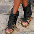 Weinlese PU-Quasten Peeptoe Hohe Keil Sandalen
