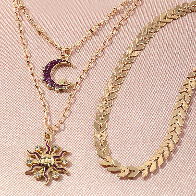 Damen Triple Layer Gold Zirkon Halb Kristall Mond Sonne Anhänger Halsketten Set | Shop Nory