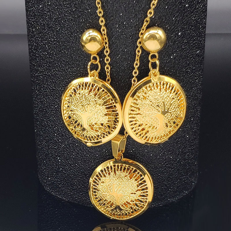 Goldbeschichtete Baum des Lebens Edelstahl Pendant Ohrringe Halskette Set | Shop Nory