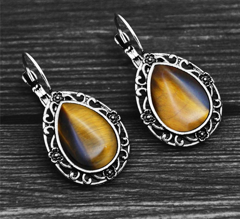 Damen Silber Ethnisch Natürlich Tigerauge Edelstein Handmade Tropfen Haken Ohrringe | Shop Nory