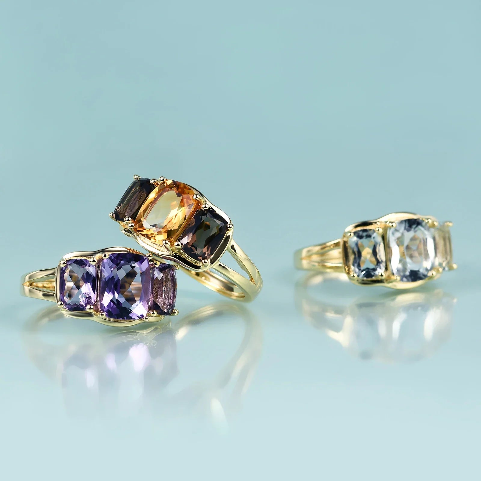 Citrin-Steinring, drei Steinringe mit echten natürlichen und großen Citrin-Edelsteinen, verstellbarer Ring | Shop Nory