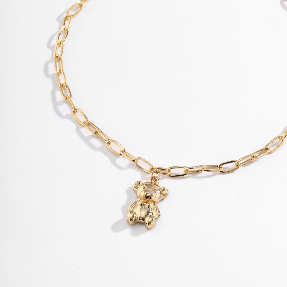 Gold Plated Süßer Bärenanhänger Schlüsselbein Link Kettenhalskette | Shop Nory