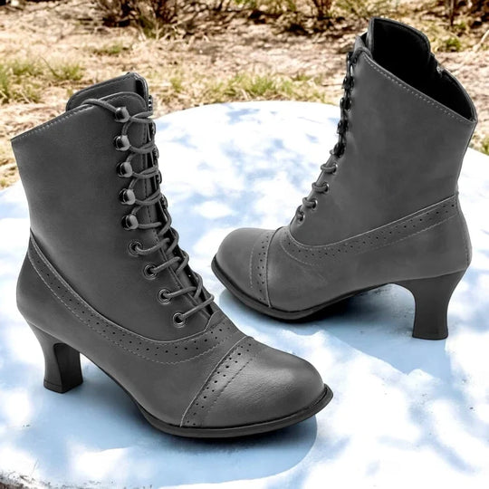 Damen Viktorianische Braune Mid-Heel Schnürstiefel mit Reißverschluss