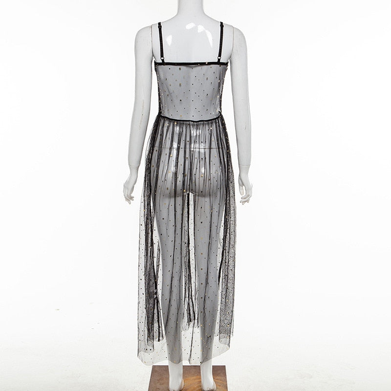 Stern Schwarz Netz Transparent Ärmelloses Maxi-Kleid