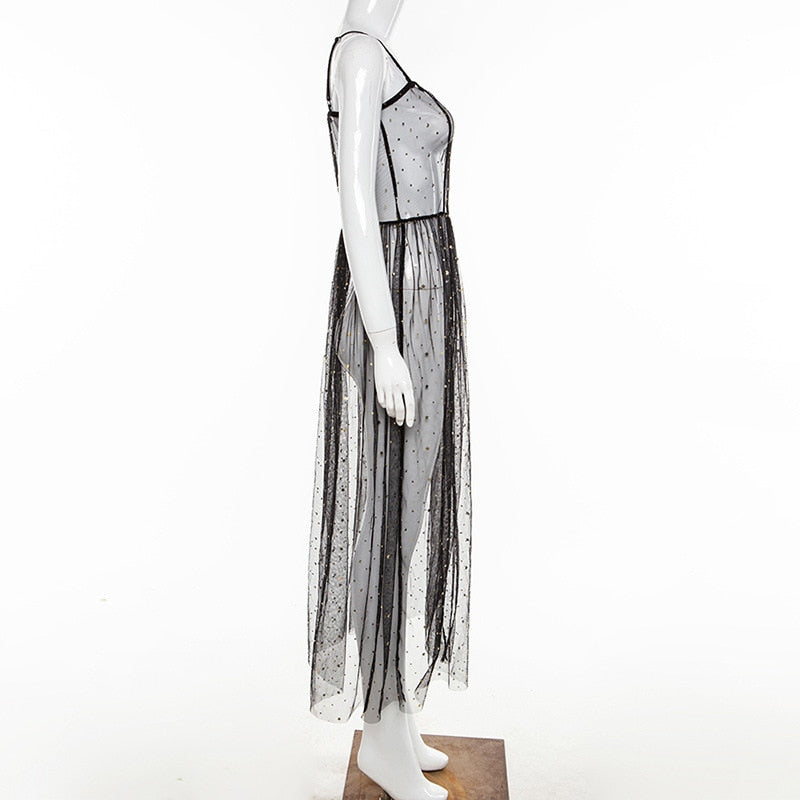Stern Schwarz Netz Transparent Ärmelloses Maxi-Kleid