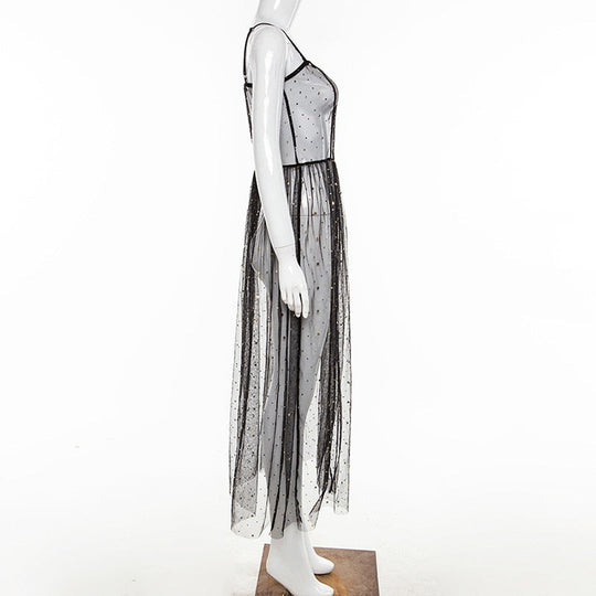 Stern Schwarz Netz Transparent Ärmelloses Maxi-Kleid