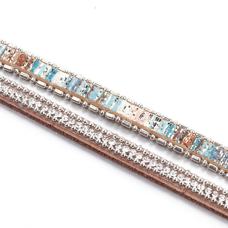 Damen Vintage Boho Leder Strass Mehrlagiges Doppeltes Wickelarmband | Shop Nory