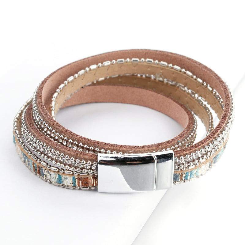 Damen Vintage Boho Leder Strass Mehrlagiges Doppeltes Wickelarmband | Shop Nory