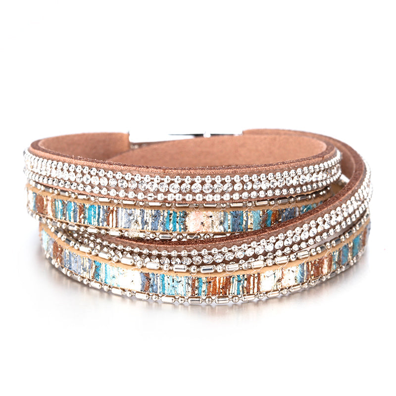 Damen Vintage Boho Leder Strass Mehrlagiges Doppeltes Wickelarmband | Shop Nory