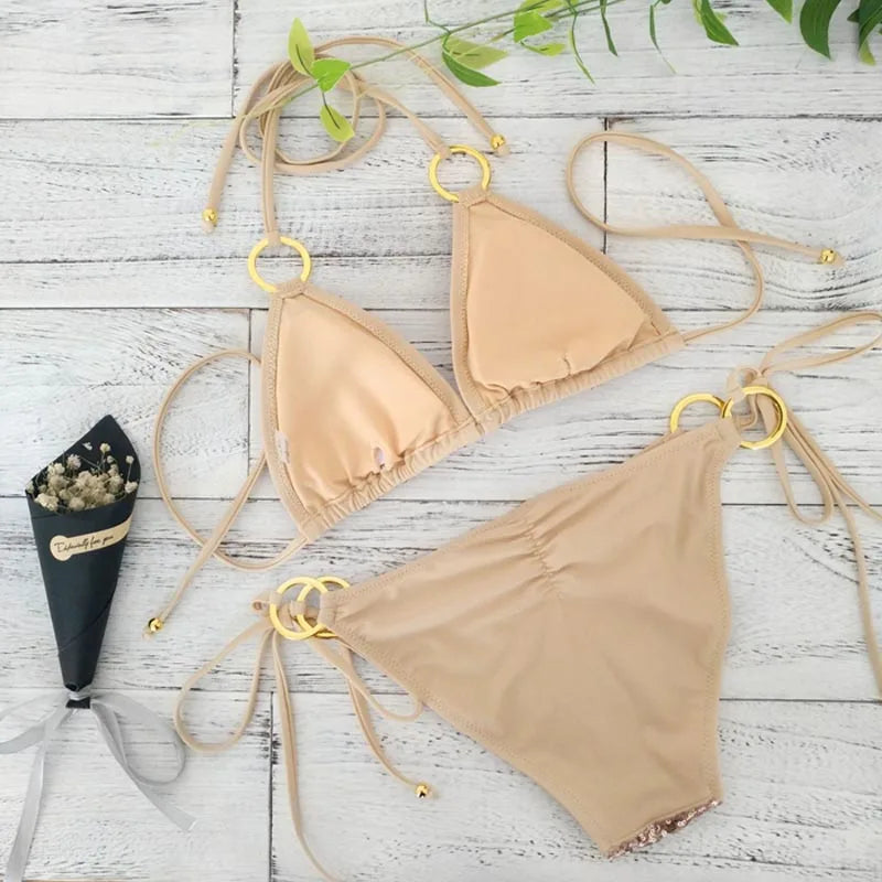 Shopnory | Neu Sexy Bikinis Pailletten Goldfarbe Frauen Bandage Bikini Set Push-Up Vorgepolsterter Bh Badeanzug Set Bademode