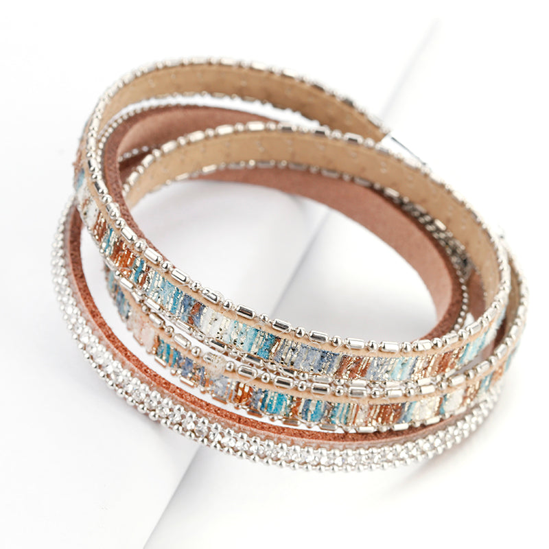 Damen Vintage Boho Leder Strass Mehrlagiges Doppeltes Wickelarmband | Shop Nory