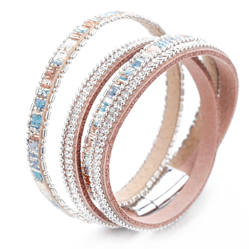 Damen Vintage Boho Leder Strass Mehrlagiges Doppeltes Wickelarmband | Shop Nory