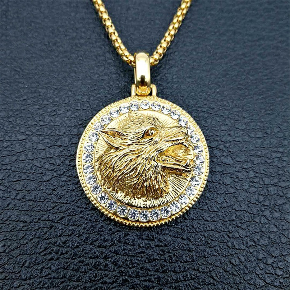 Mann Unisex Gold Brüllender Wolf Kopf Kristalle Solide Anhänger Flechtkette Halskette | Shop Nory
