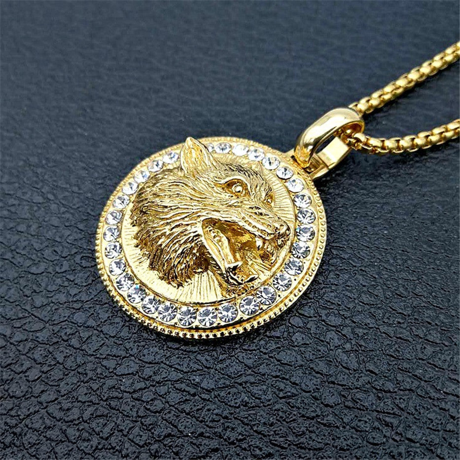 Mann Unisex Gold Brüllender Wolf Kopf Kristalle Solide Anhänger Flechtkette Halskette | Shop Nory