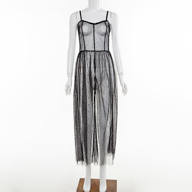 Stern Schwarz Netz Transparent Ärmelloses Maxi-Kleid