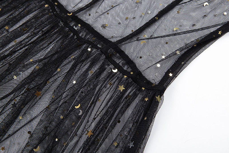 Stern Schwarz Netz Transparent Ärmelloses Maxi-Kleid