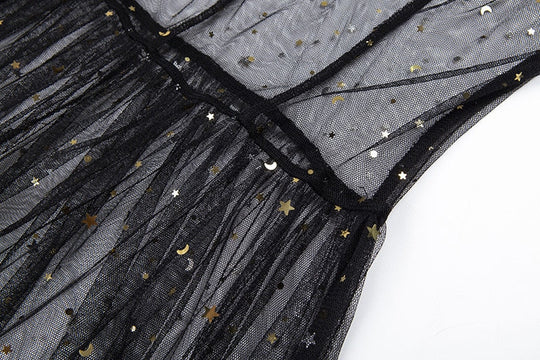 Stern Schwarz Netz Transparent Ärmelloses Maxi-Kleid