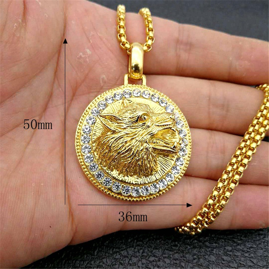 Mann Unisex Gold Brüllender Wolf Kopf Kristalle Solide Anhänger Flechtkette Halskette | Shop Nory