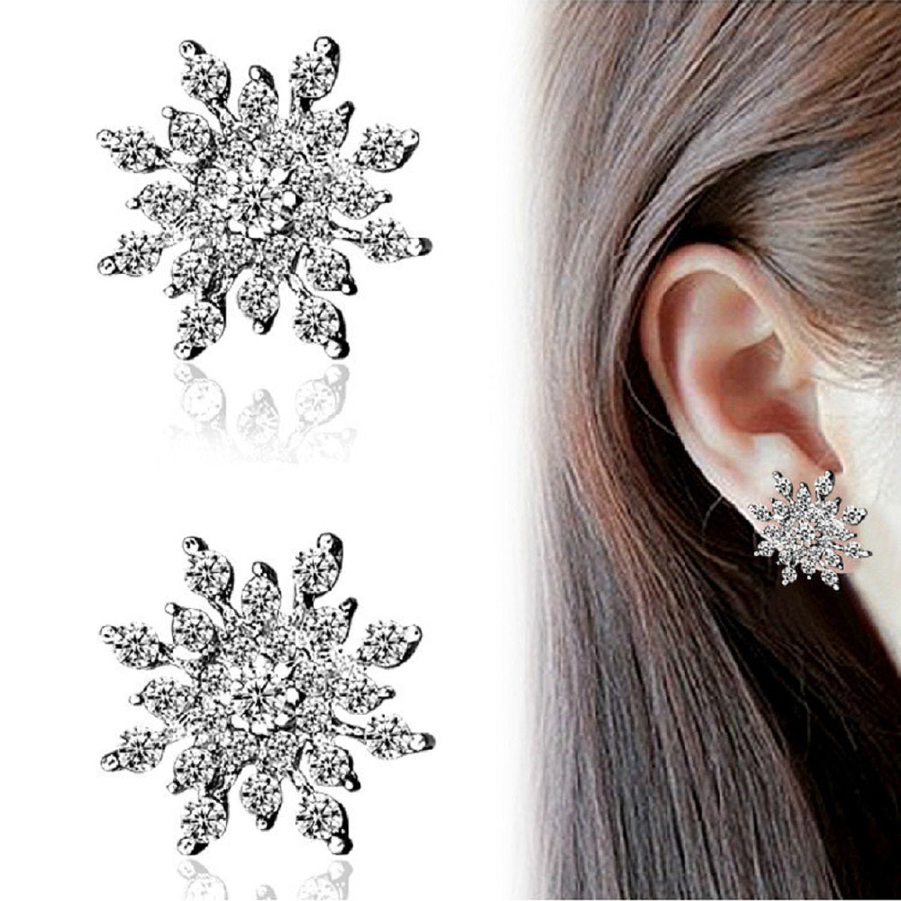 Damen Silber Strass Kristall Zirkon Schneeflocke Blumen Ohrstecker | Shop Nory