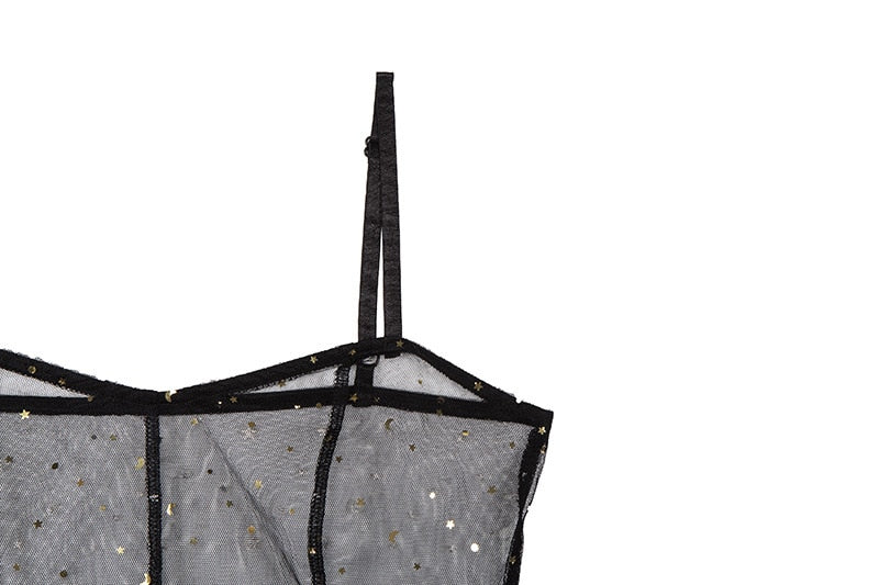 Stern Schwarz Netz Transparent Ärmelloses Maxi-Kleid